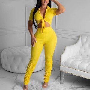 Ribbed Tie Front Crop Top & Stacked Pants